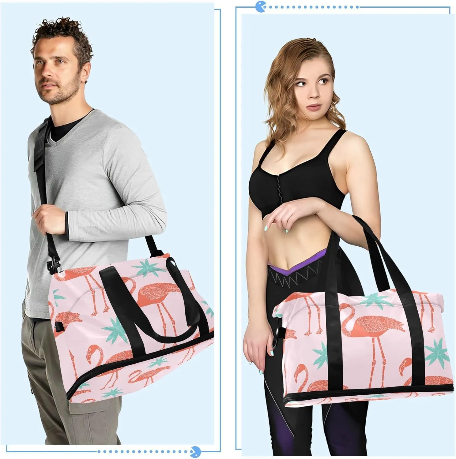 SUABO Travel Duffel Bag, Tropical Flamingos Sports Tote Gym Bag for Travel, Shoulder Weekender Overnight Bag for Women Men