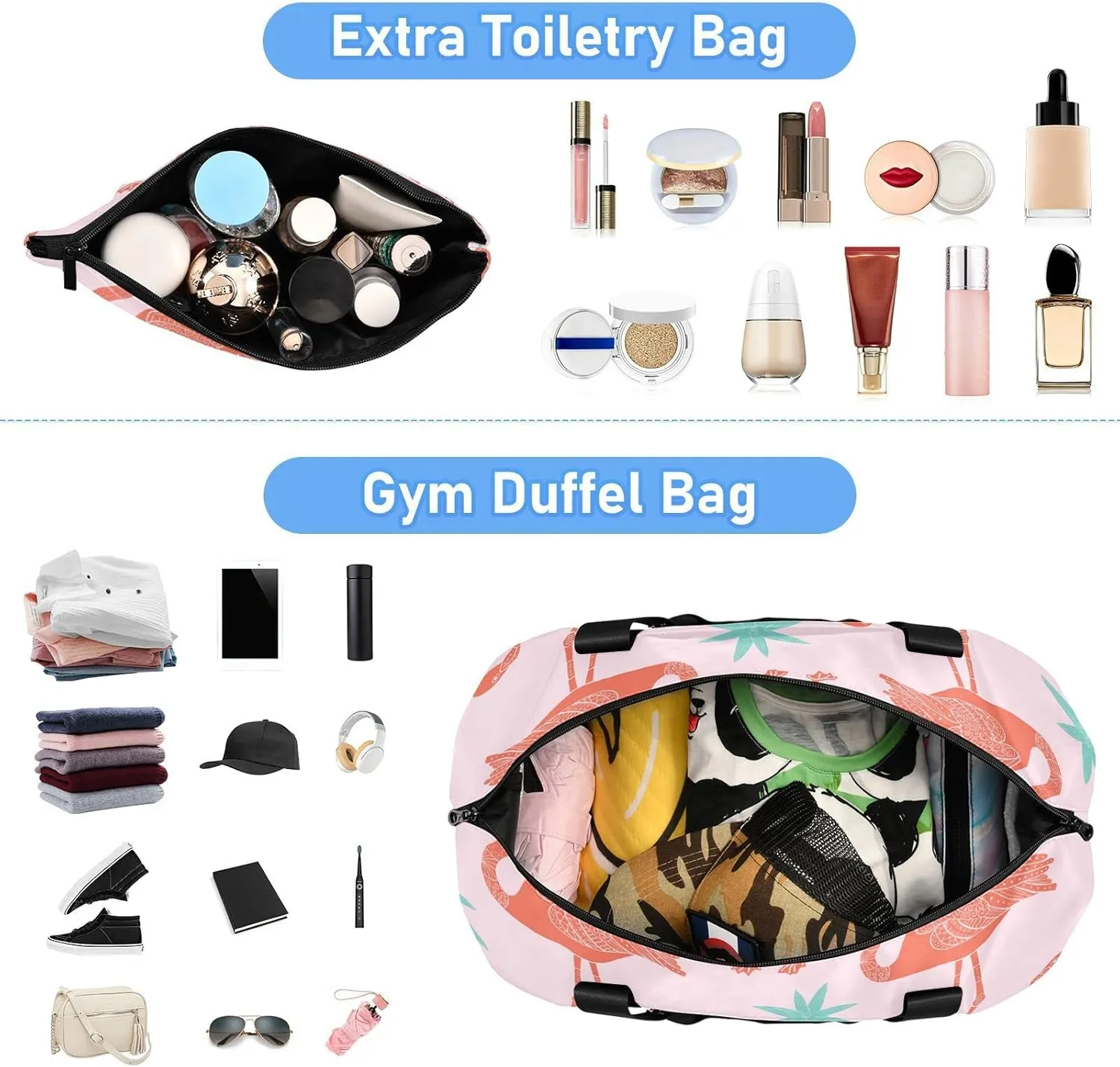 SUABO Travel Duffel Bag, Tropical Flamingos Sports Tote Gym Bag for Travel, Shoulder Weekender Overnight Bag for Women Men