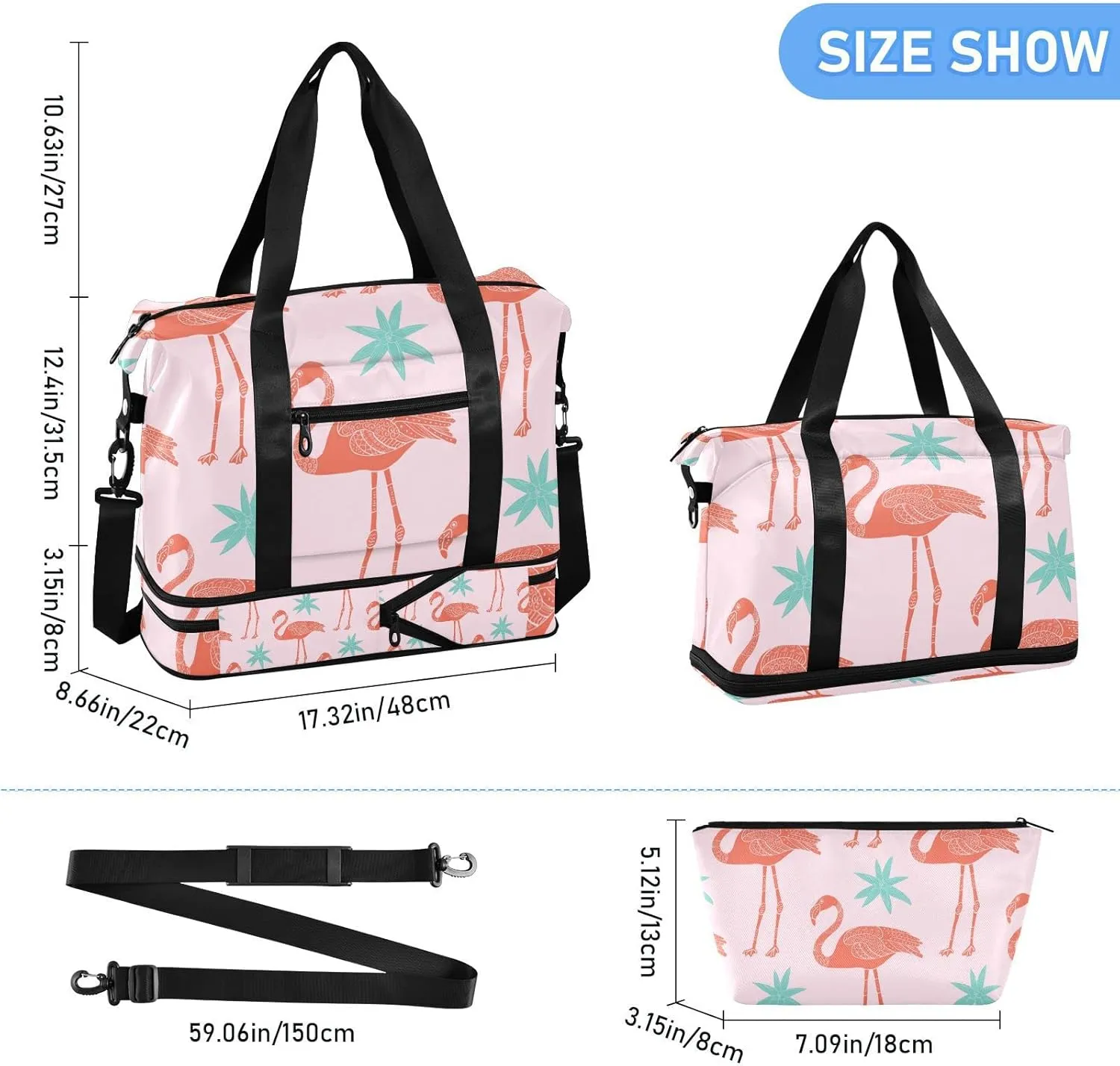 SUABO Travel Duffel Bag, Tropical Flamingos Sports Tote Gym Bag for Travel, Shoulder Weekender Overnight Bag for Women Men