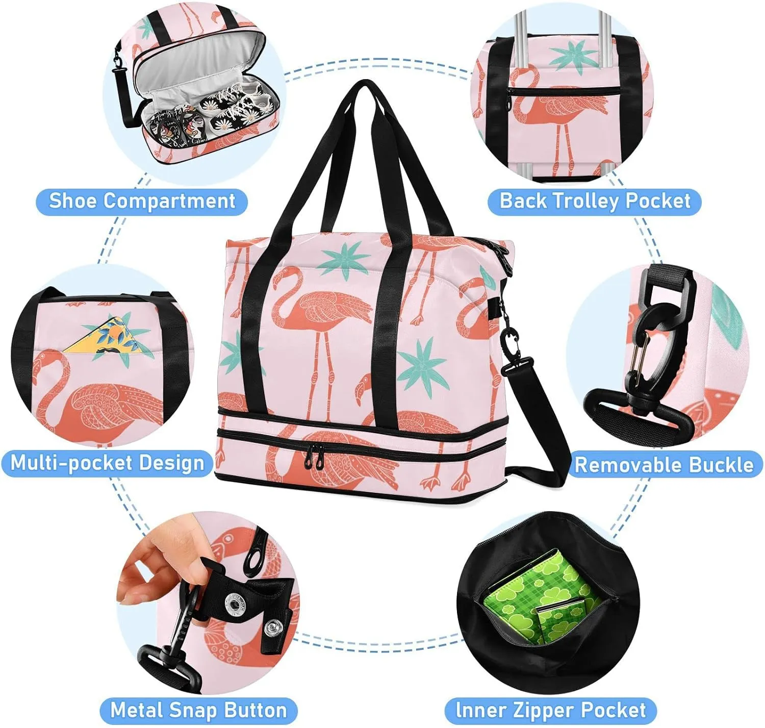 SUABO Travel Duffel Bag, Tropical Flamingos Sports Tote Gym Bag for Travel, Shoulder Weekender Overnight Bag for Women Men