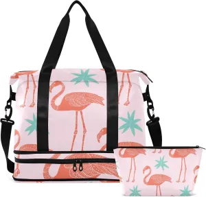 SUABO Travel Duffel Bag, Tropical Flamingos Sports Tote Gym Bag for Travel, Shoulder Weekender Overnight Bag for Women Men