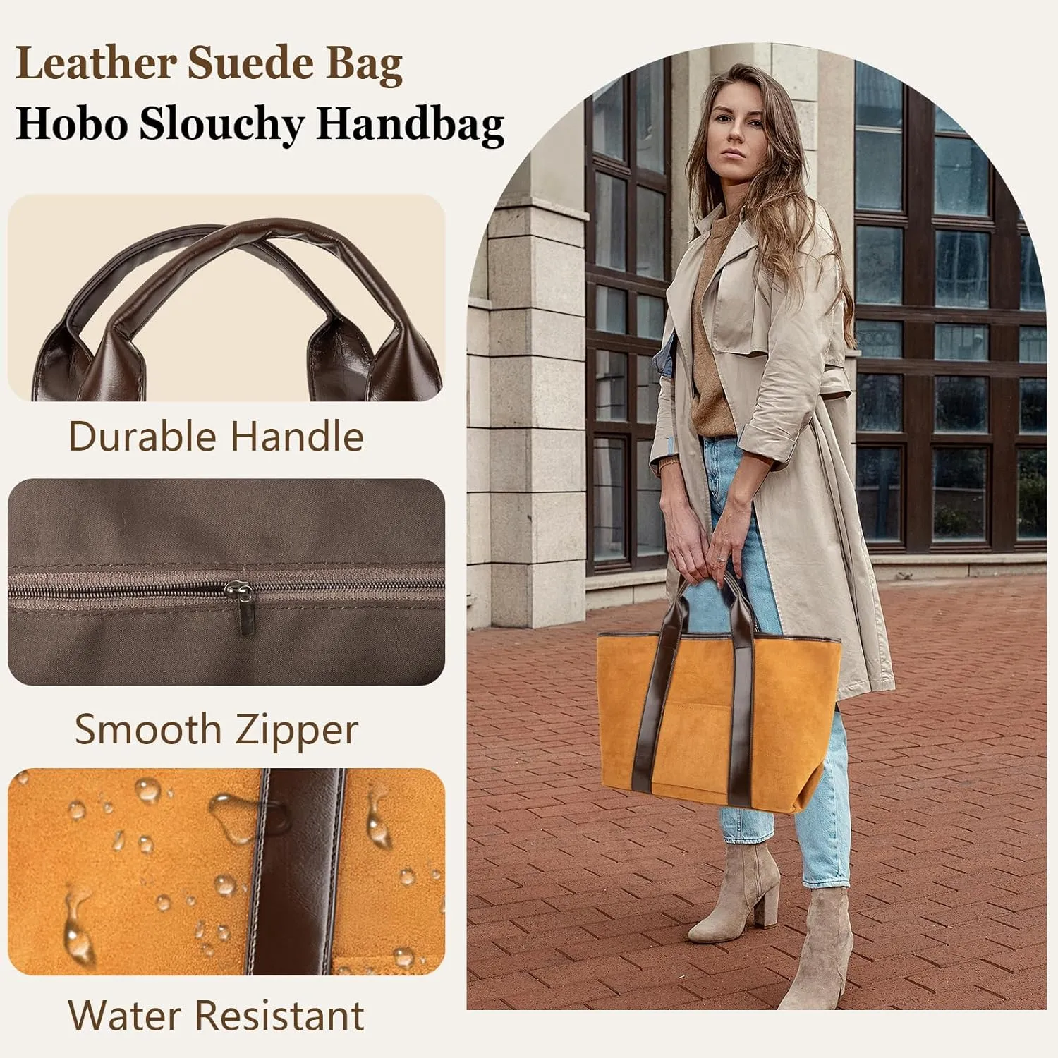 Suede Bag for Women, Brown Leather Tote Hobo Slouchy Handbag, Large Capacity Fall Purses Retro Vintage