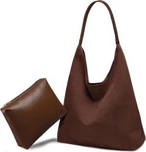 Suede Hobo Bag for Women 2 Pcs Purse Slouchy Faux Suede Tote Bag Leather Handbag