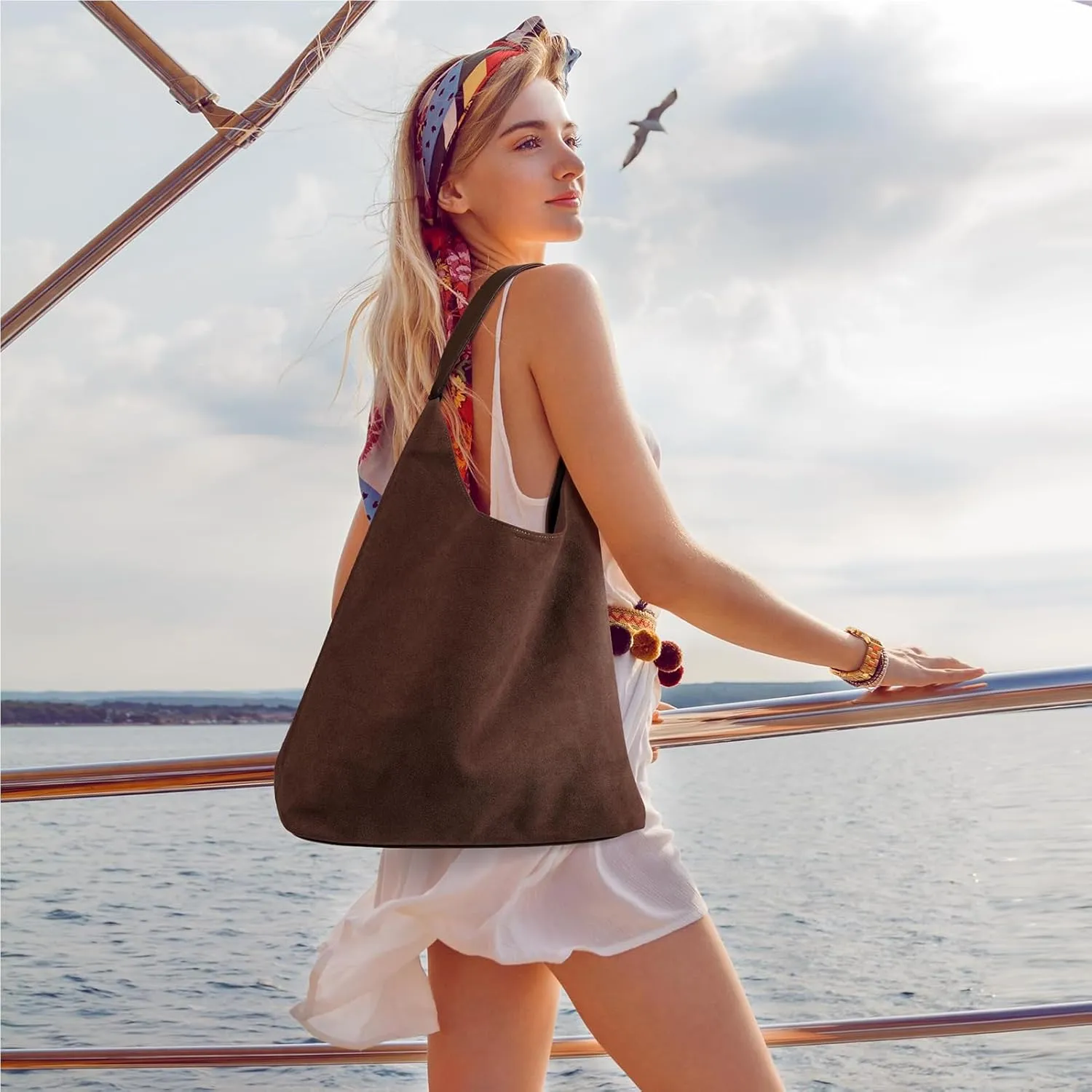 Suede Hobo Bag for Women 2 Pcs Purse Slouchy Faux Suede Tote Bag Leather Handbag