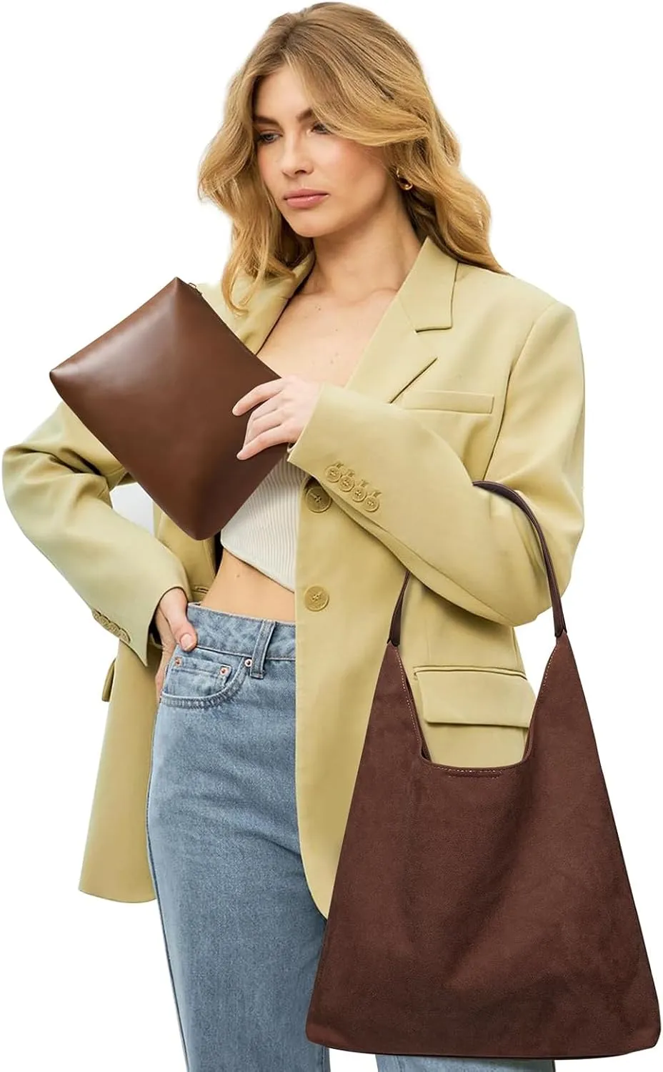 Suede Hobo Bag for Women 2 Pcs Purse Slouchy Faux Suede Tote Bag Leather Handbag