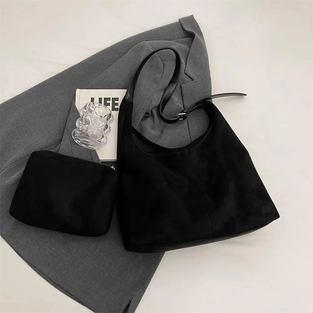 Suede Hobo Bag for Women Slouchy Purse Fashionable Brown Tote Handbag Office Shoulder Bags
