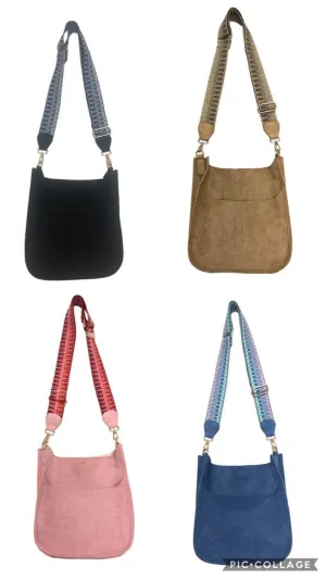 SUEDE MESSENGER W/EMBROIDERED 2” ADJUSTABLE STRAP - ASSORTED COLORS