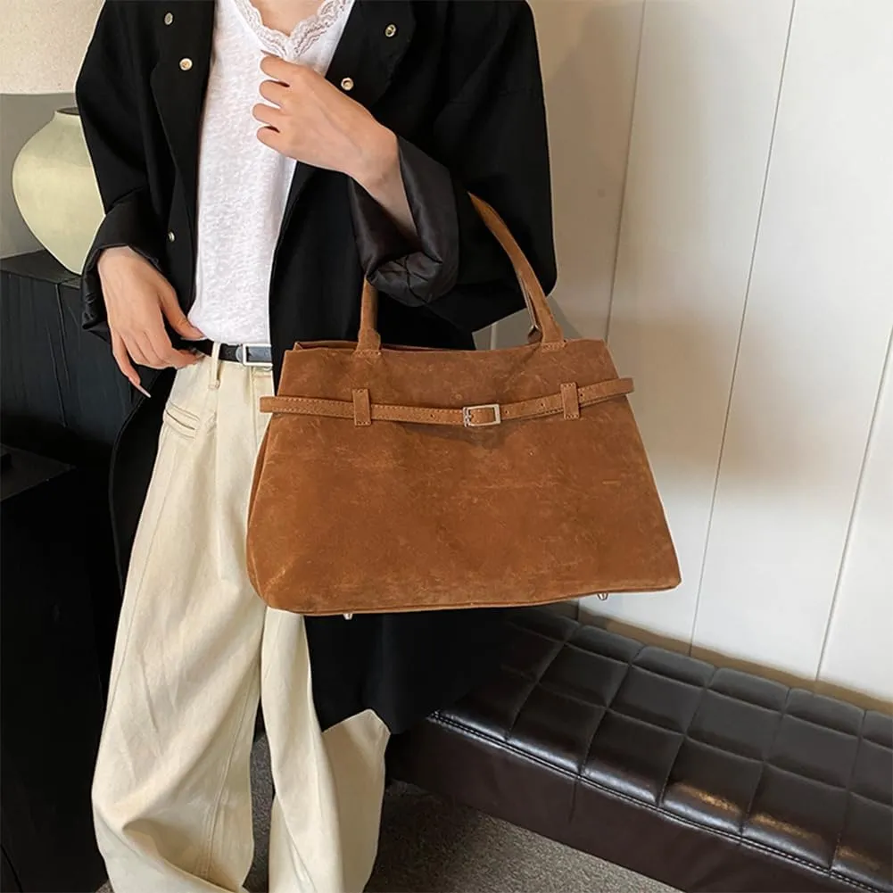 Suede Tote Bag for Women Slouchy Work Tote Bag Faux Suede Top Handle Bag Retro Brown Suede Handbag Purse