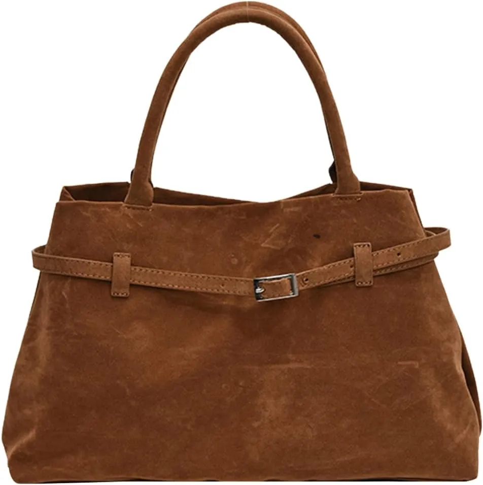 Suede Tote Bag for Women Slouchy Work Tote Bag Faux Suede Top Handle Bag Retro Brown Suede Handbag Purse