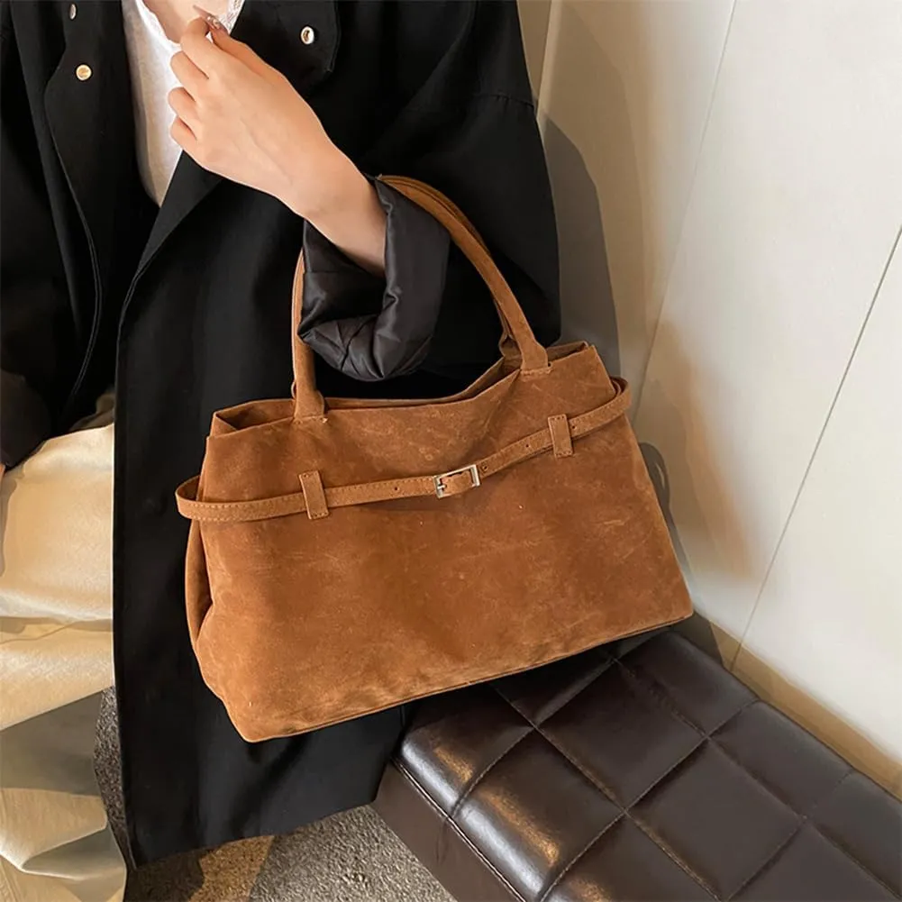 Suede Tote Bag for Women Slouchy Work Tote Bag Faux Suede Top Handle Bag Retro Brown Suede Handbag Purse