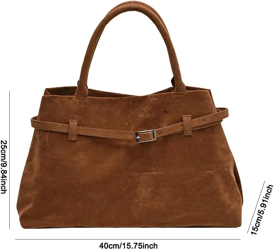 Suede Tote Bag for Women Slouchy Work Tote Bag Faux Suede Top Handle Bag Retro Brown Suede Handbag Purse