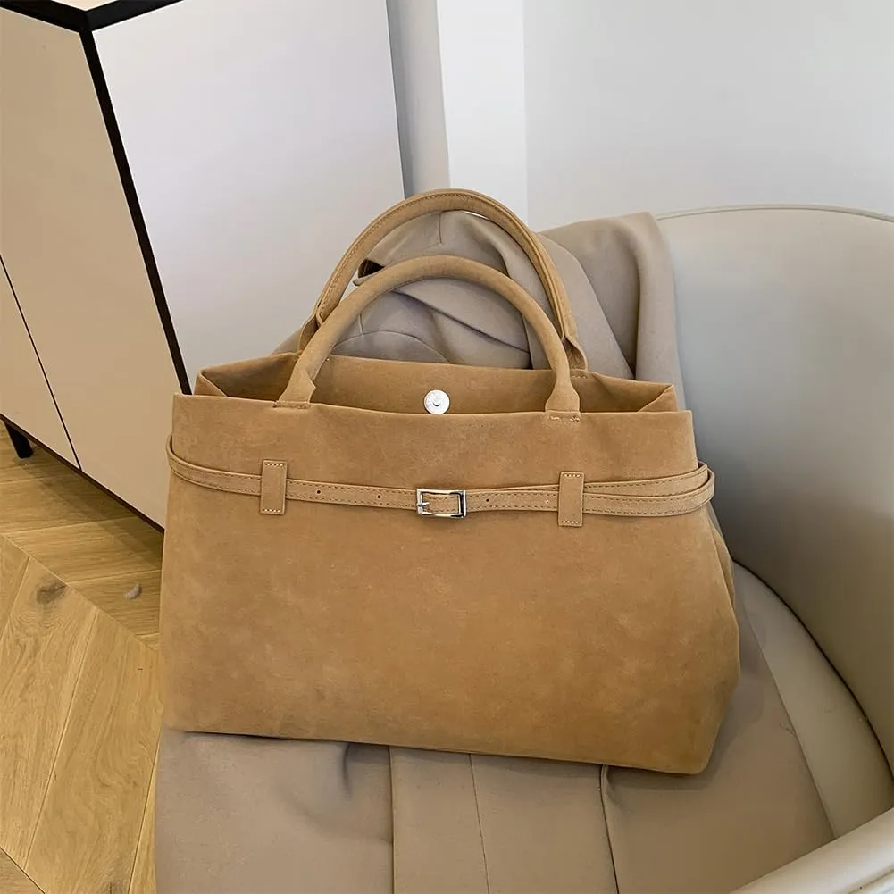 Suede Tote Bag for Women Slouchy Work Tote Bag Faux Suede Top Handle Bag Retro Brown Suede Handbag Purse