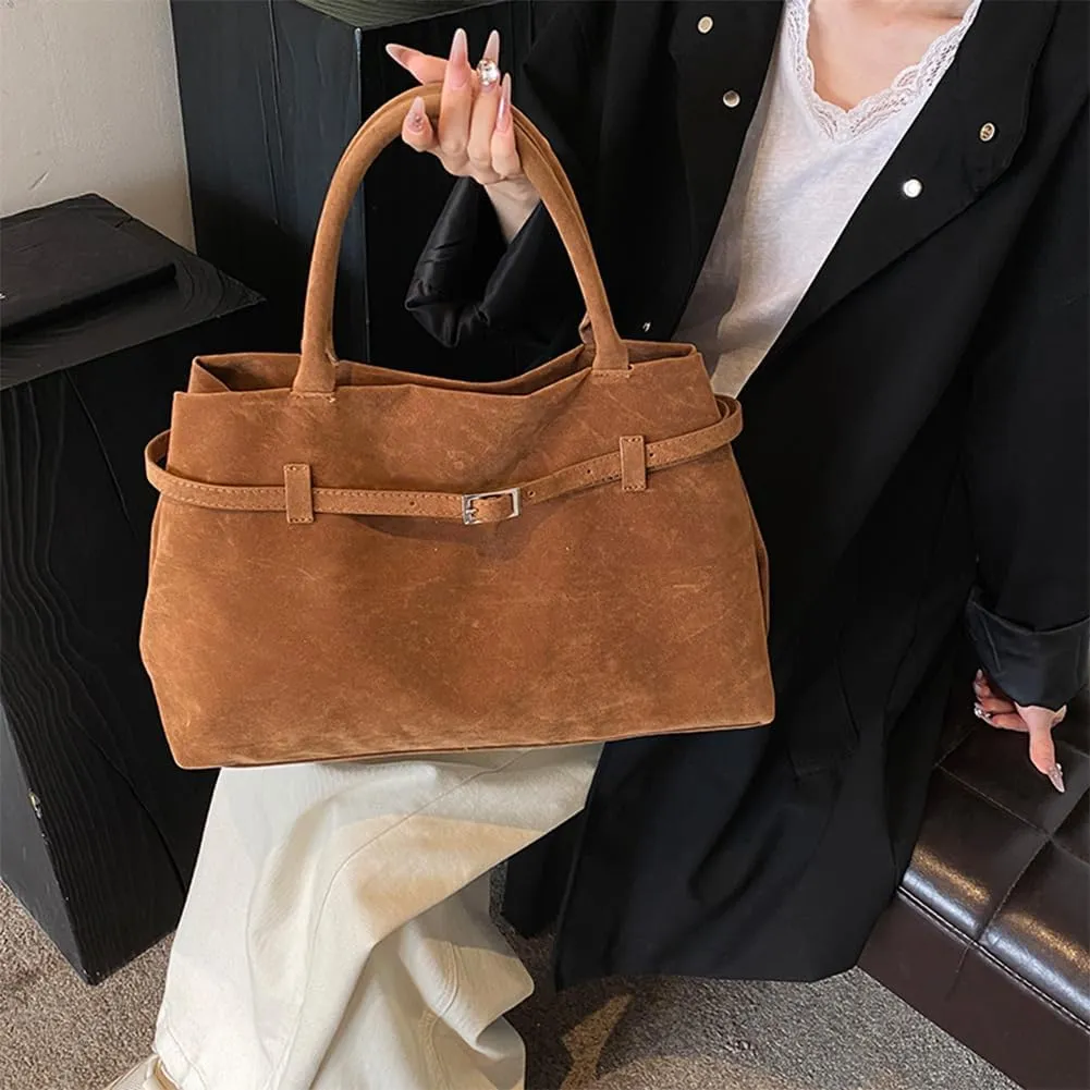Suede Tote Bag for Women Slouchy Work Tote Bag Faux Suede Top Handle Bag Retro Brown Suede Handbag Purse