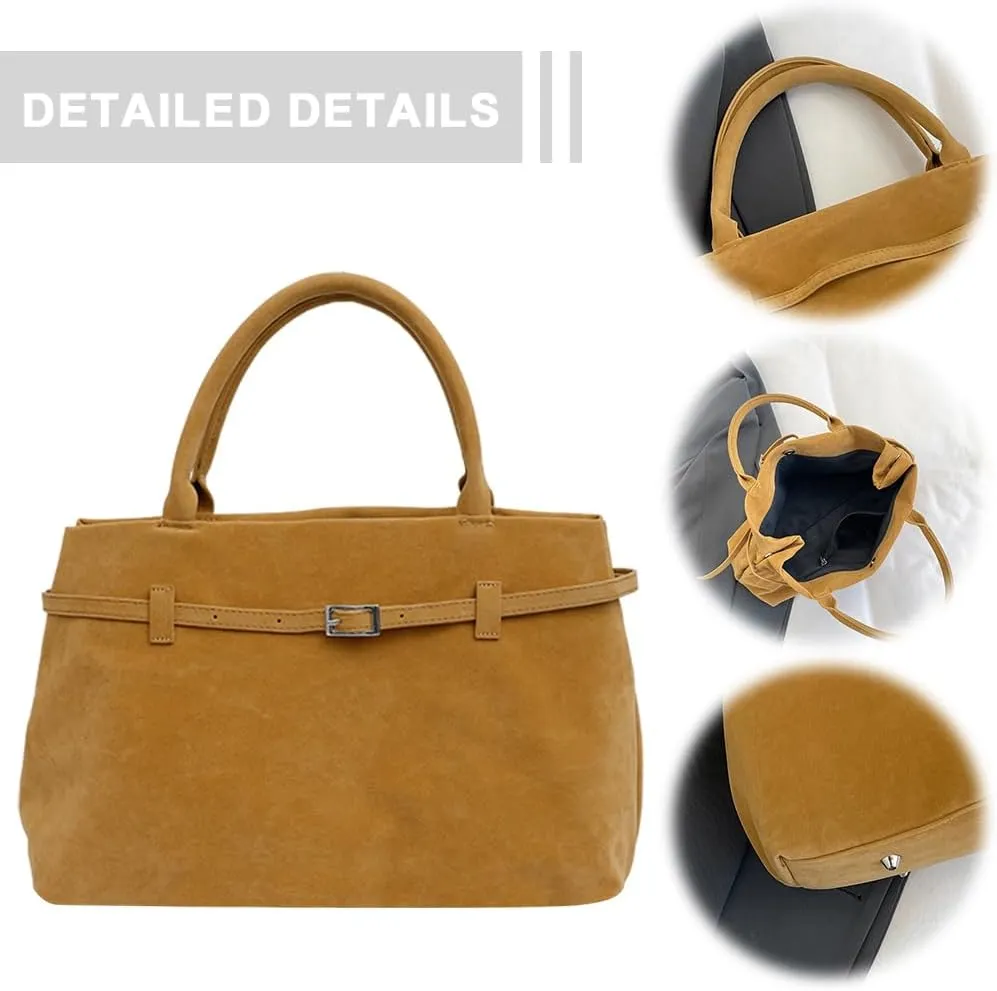 Suede Tote Bag for Women Slouchy Work Tote Bag Faux Suede Top Handle Bag Retro Brown Suede Handbag Purse