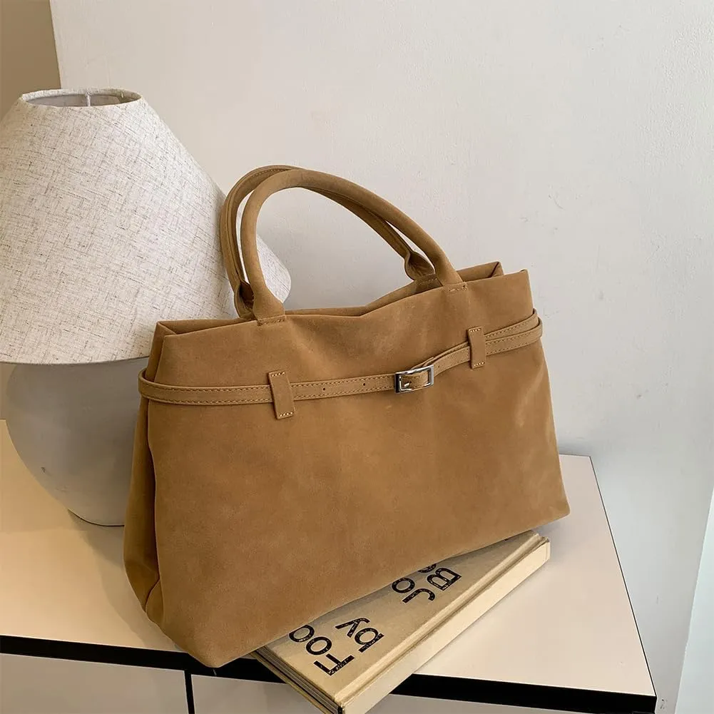 Suede Tote Bag for Women Slouchy Work Tote Bag Faux Suede Top Handle Bag Retro Brown Suede Handbag Purse
