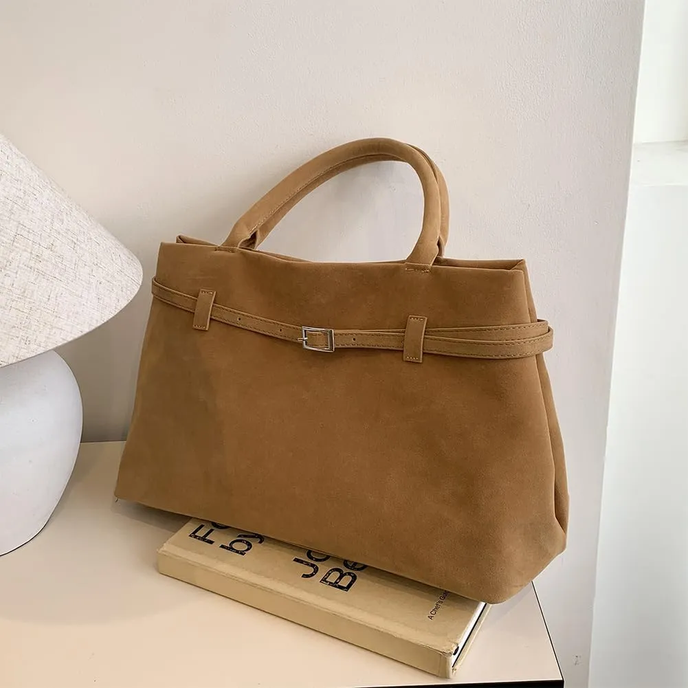 Suede Tote Bag for Women Slouchy Work Tote Bag Faux Suede Top Handle Bag Retro Brown Suede Handbag Purse