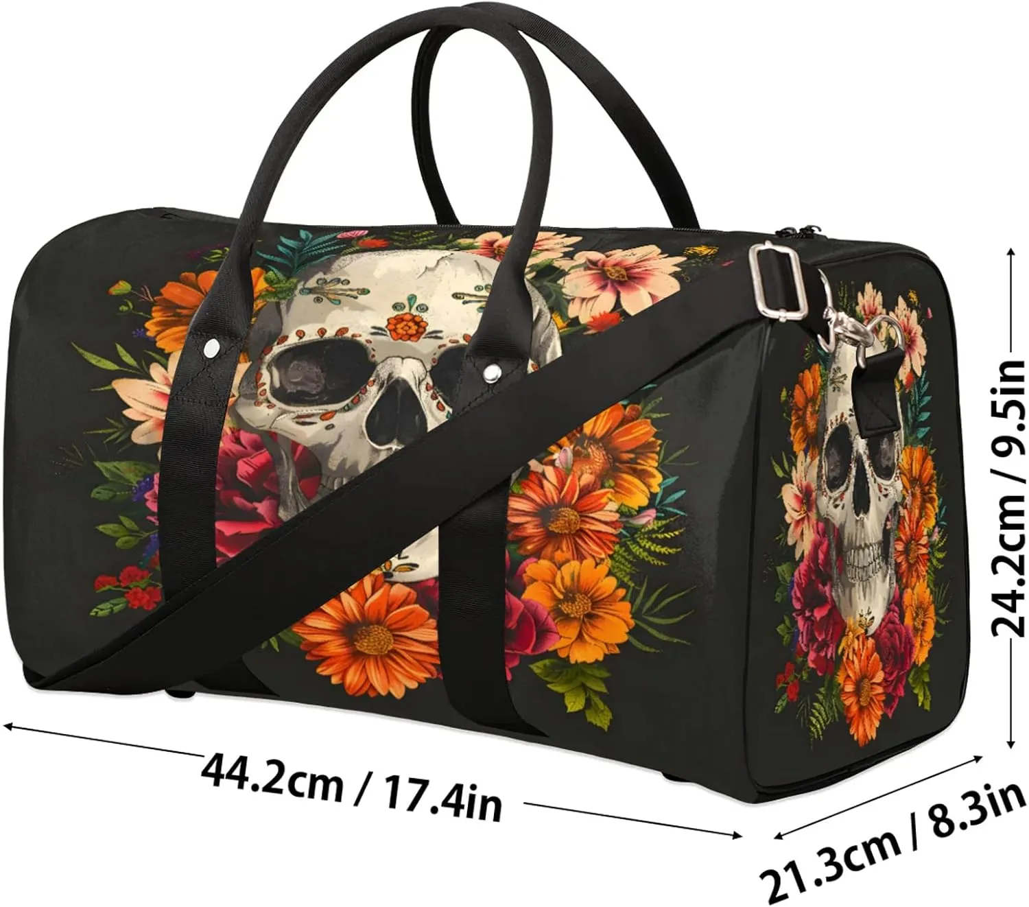 Sugar Flower Skull Floral Gothic Travel Duffle Bag, Sports Gym Bags for Women Men, Carry On Weekender Overnight Workout Airplane Trips Bag