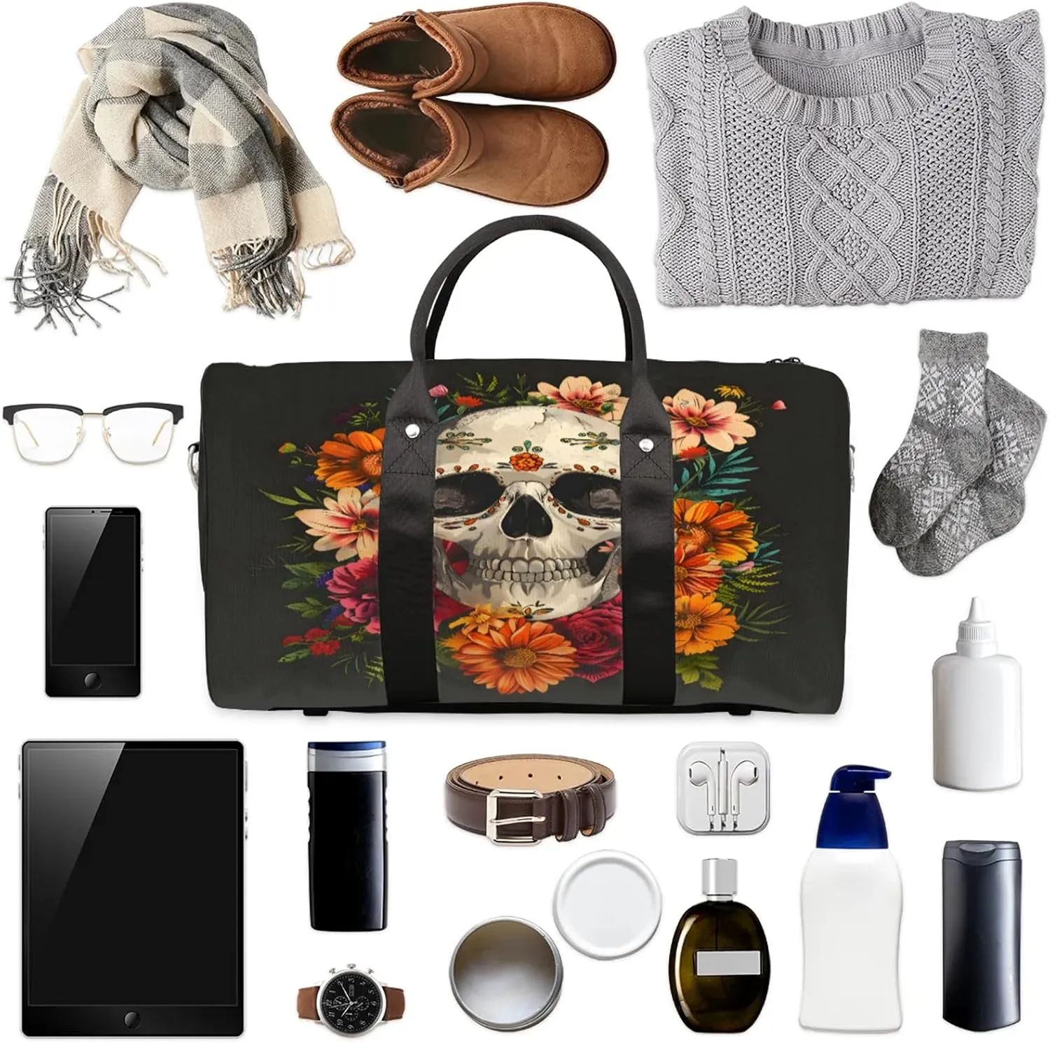 Sugar Flower Skull Floral Gothic Travel Duffle Bag, Sports Gym Bags for Women Men, Carry On Weekender Overnight Workout Airplane Trips Bag
