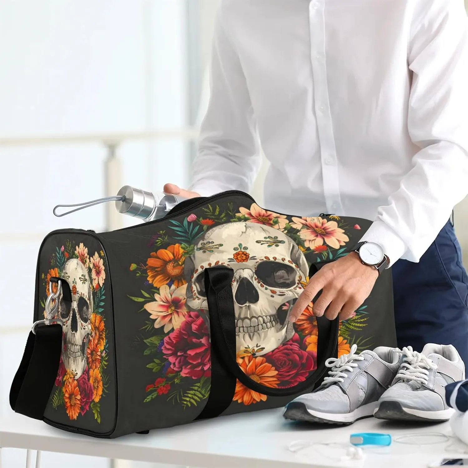 Sugar Flower Skull Floral Gothic Travel Duffle Bag, Sports Gym Bags for Women Men, Carry On Weekender Overnight Workout Airplane Trips Bag