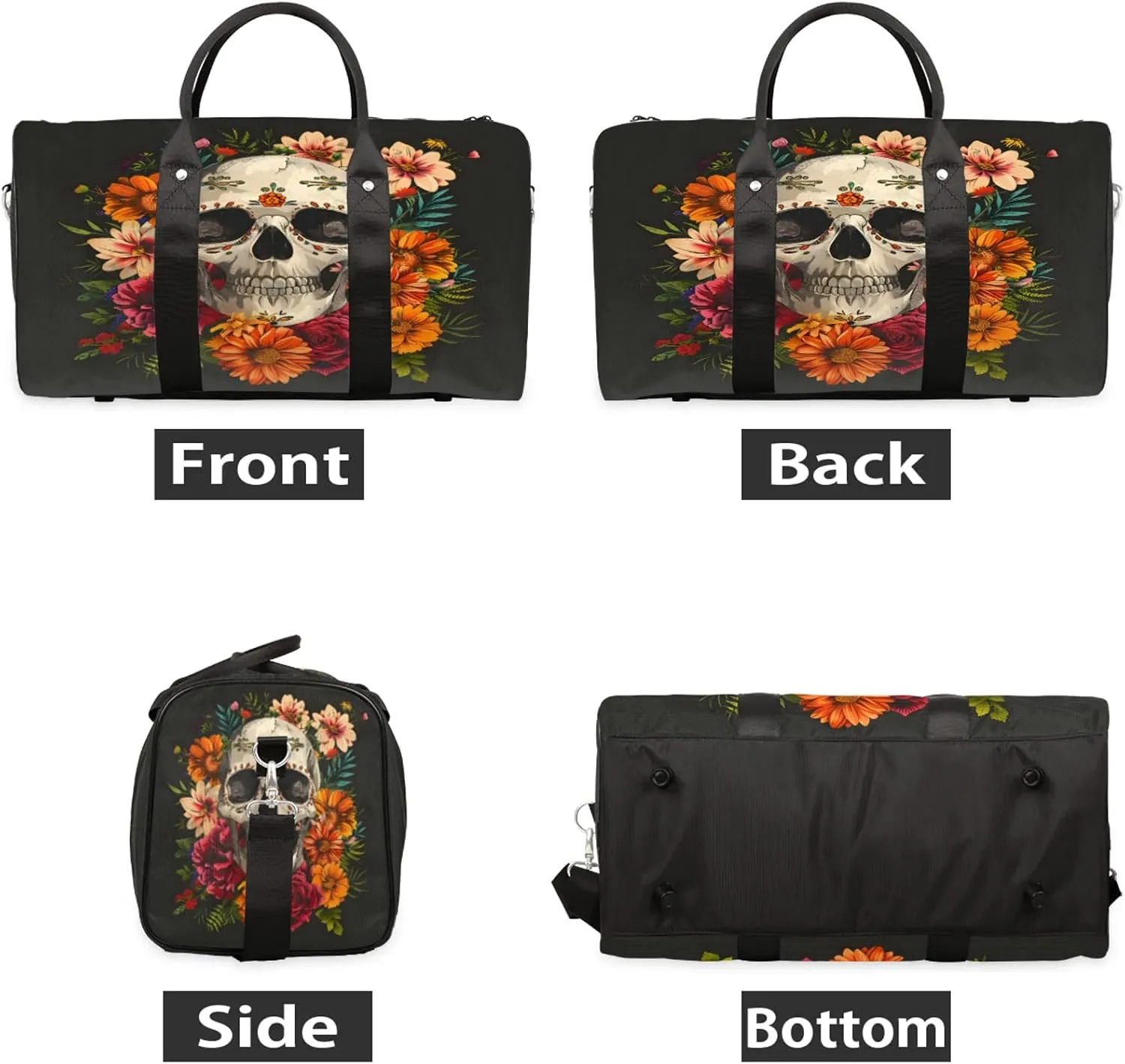 Sugar Flower Skull Floral Gothic Travel Duffle Bag, Sports Gym Bags for Women Men, Carry On Weekender Overnight Workout Airplane Trips Bag