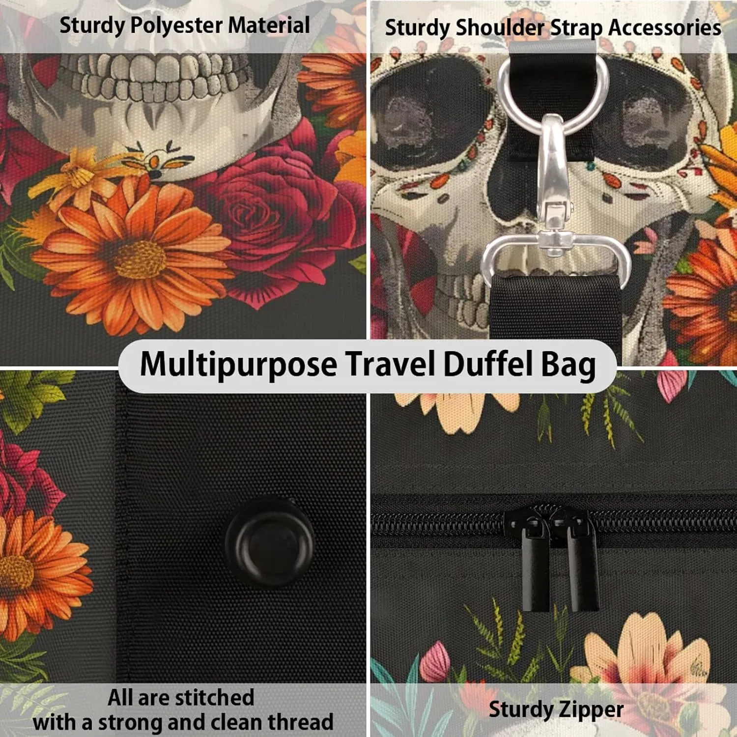 Sugar Flower Skull Floral Gothic Travel Duffle Bag, Sports Gym Bags for Women Men, Carry On Weekender Overnight Workout Airplane Trips Bag