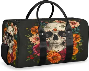 Sugar Flower Skull Floral Gothic Travel Duffle Bag, Sports Gym Bags for Women Men, Carry On Weekender Overnight Workout Airplane Trips Bag
