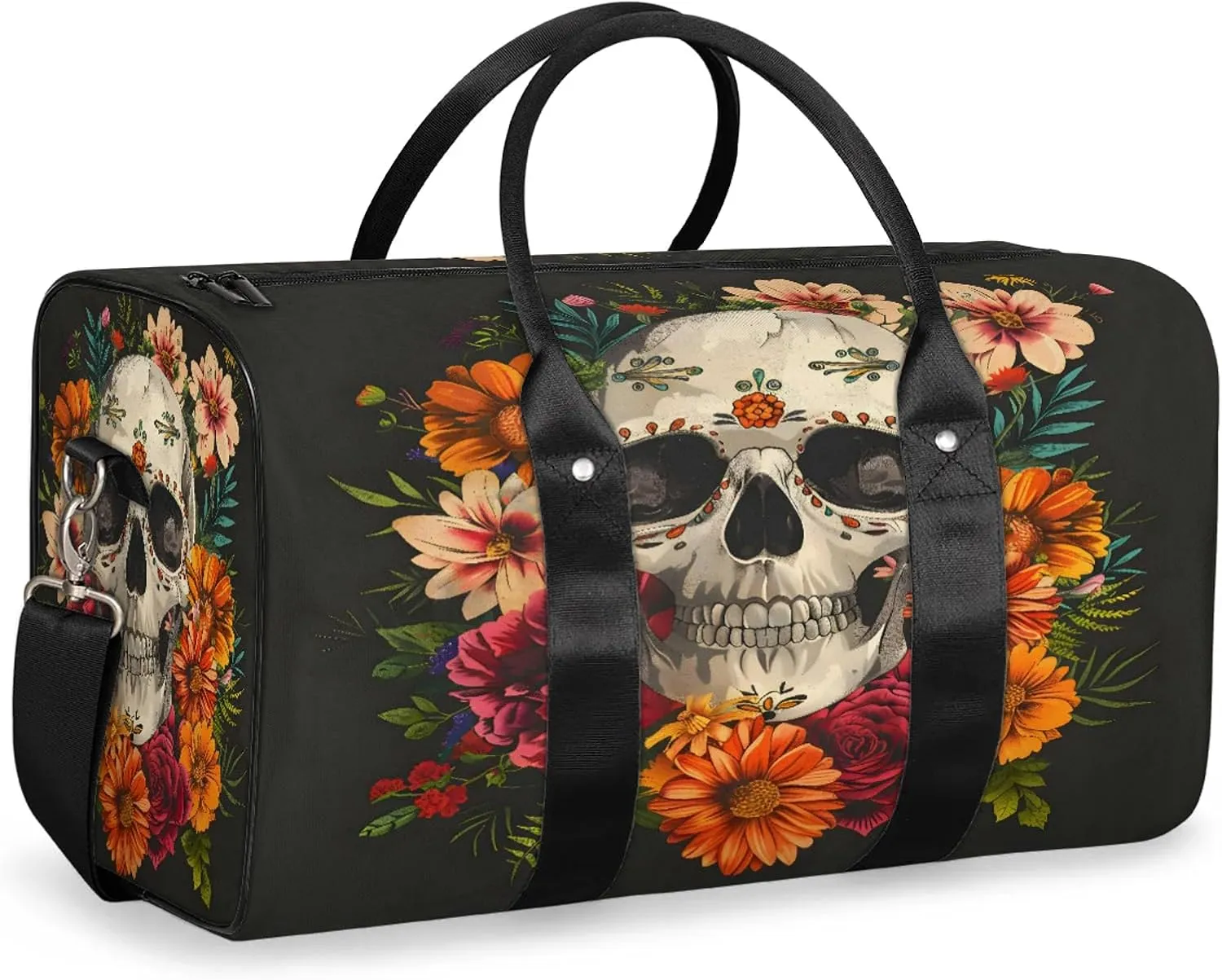 Sugar Flower Skull Floral Gothic Travel Duffle Bag, Sports Gym Bags for Women Men, Carry On Weekender Overnight Workout Airplane Trips Bag