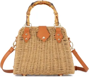 SUKUTU Women Straw Tote Bag Hand-woven Summer Beach Top-handle Handbag vintage Rectangle Cross Body Vacation Bag