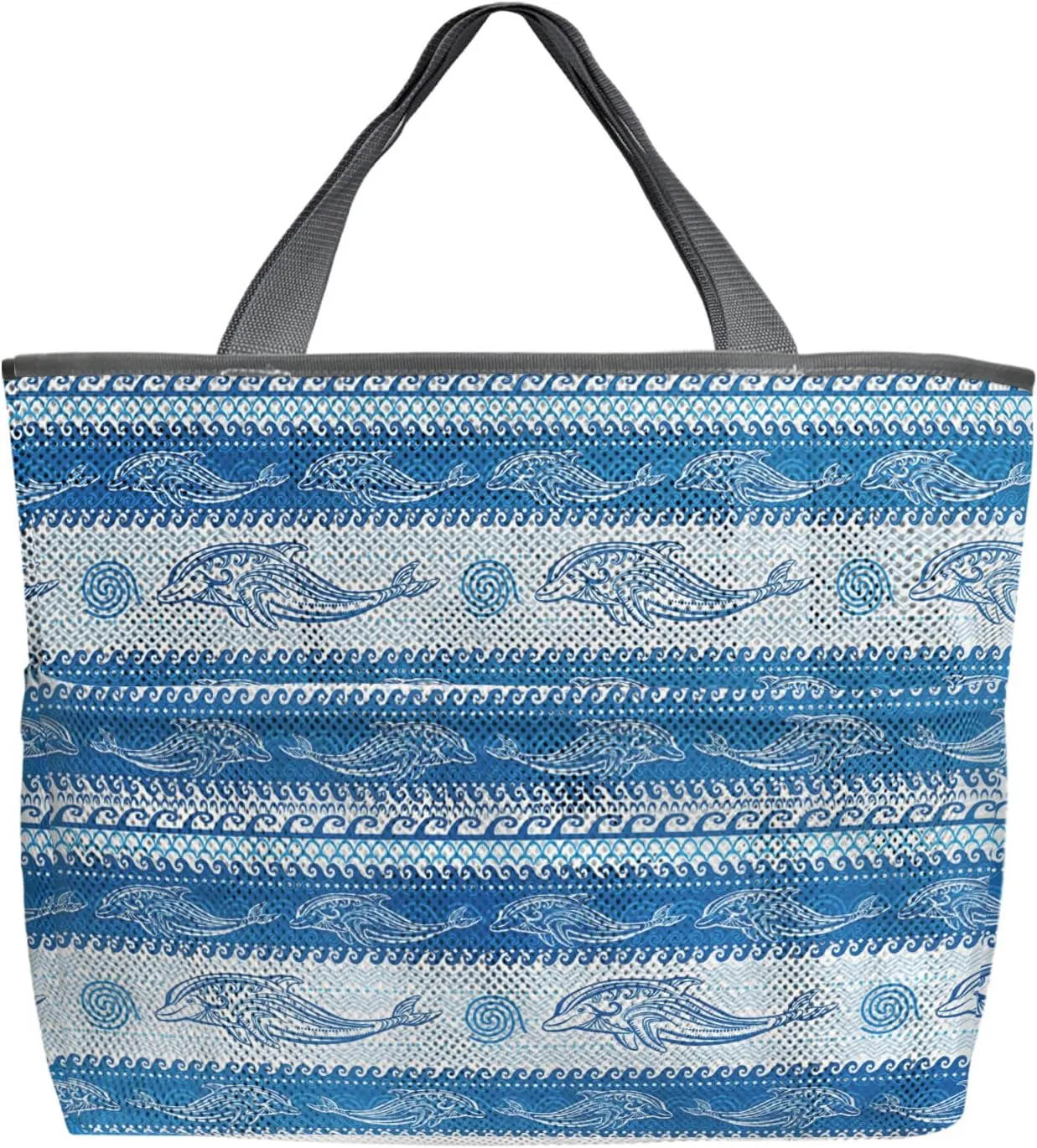 Summer Beach Beach Tote Bag for Women, Coastal Blue Dolphin Sea Wave Nautical Mesh Beach Bags Waterproof Sandproof, Outdoor Picnic Swim Pool Handbag - Large Beach Bag with Zipper and Pockets