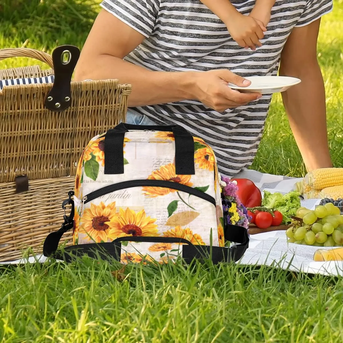 Sunflower Floral Insulated Lunch Bags for Women Men Adult Yellow Flower Reusable Lunch Tote Therma Cooler Bag with Shoulder Strap Lunch Box for School Work Office Picnic Meal Prep Bag