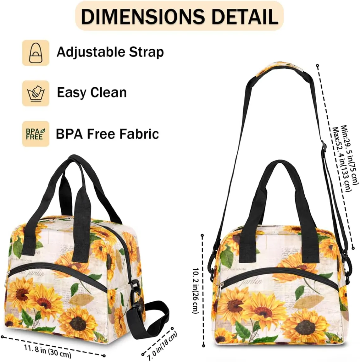 Sunflower Floral Insulated Lunch Bags for Women Men Adult Yellow Flower Reusable Lunch Tote Therma Cooler Bag with Shoulder Strap Lunch Box for School Work Office Picnic Meal Prep Bag