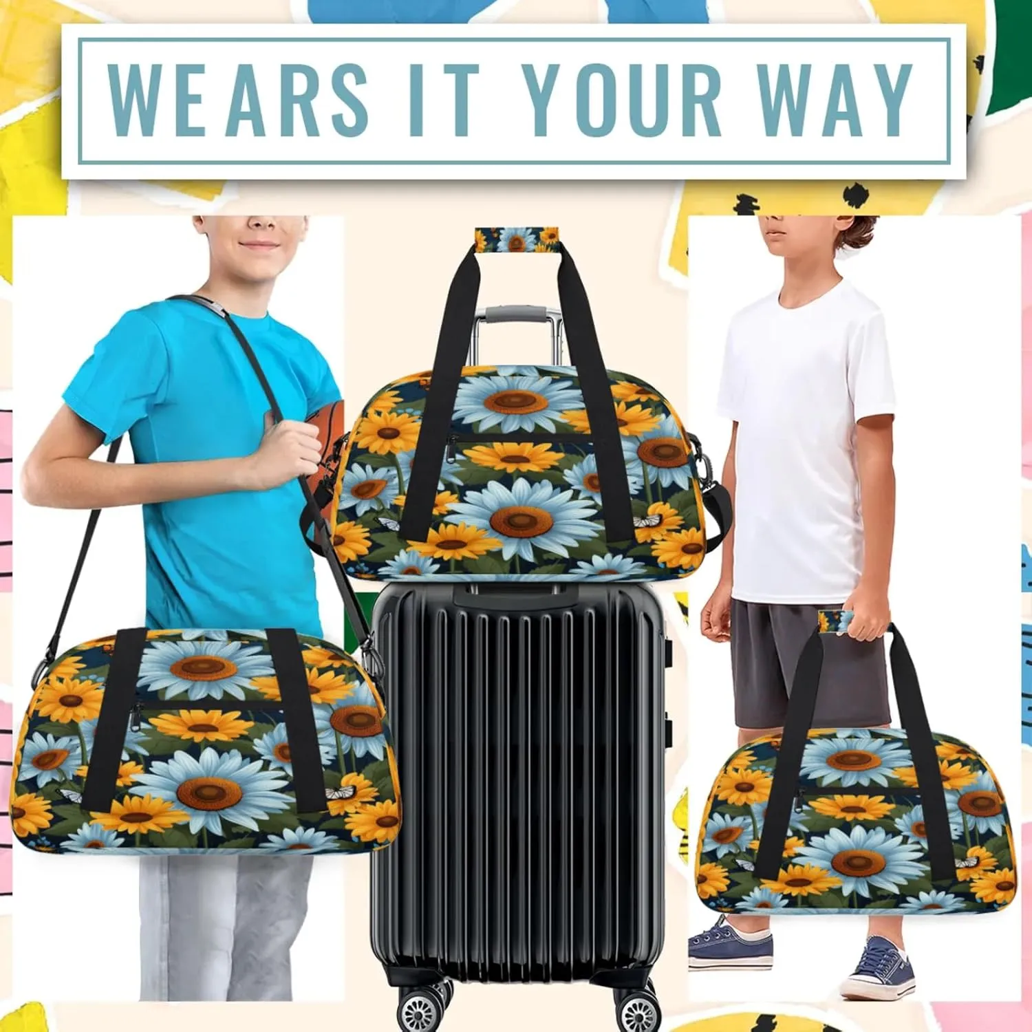 Sunflower Yellow Blue Daisy Small Gym Bag 18 inch Carry On Duffel Bag for Weekender Travel Sports Workout Yoga Gymnastics Dance Ballet