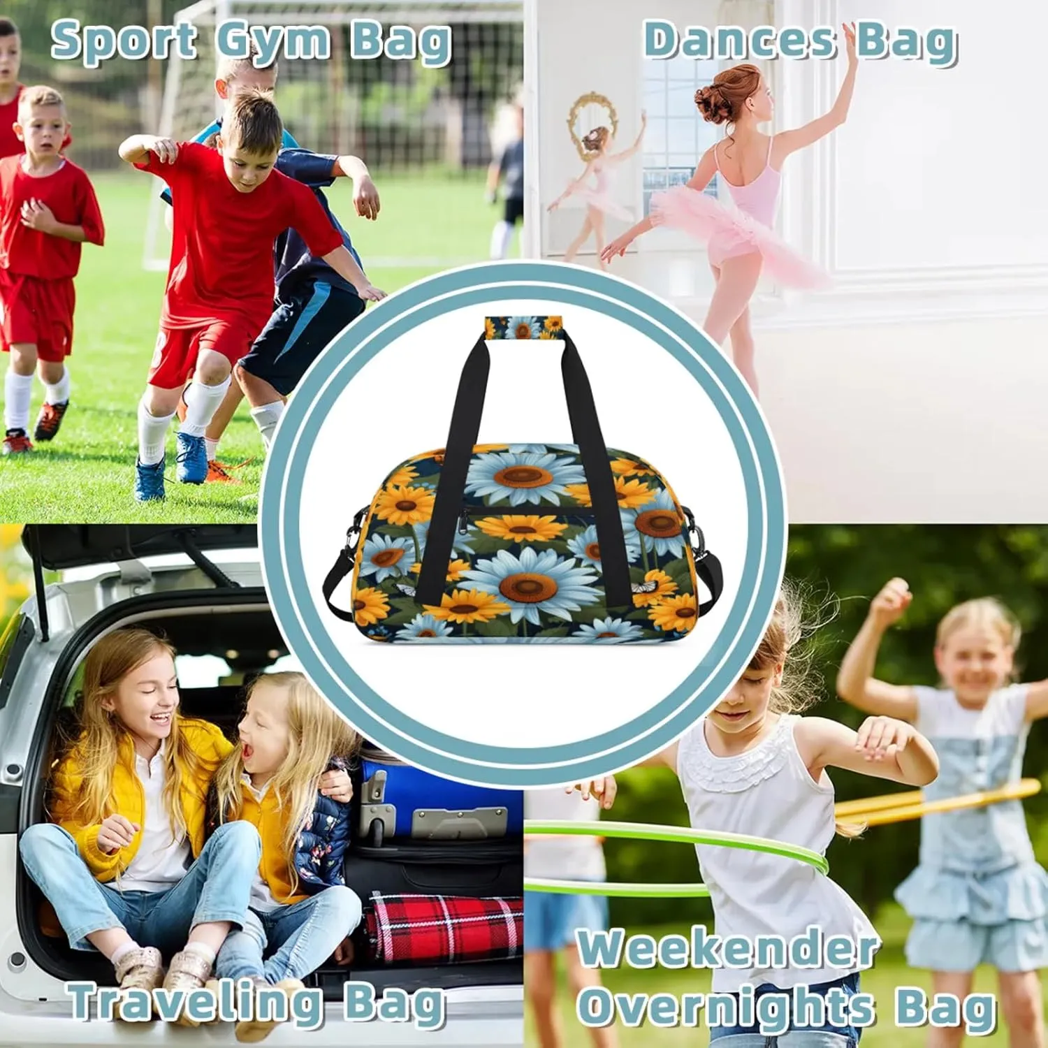 Sunflower Yellow Blue Daisy Small Gym Bag 18 inch Carry On Duffel Bag for Weekender Travel Sports Workout Yoga Gymnastics Dance Ballet