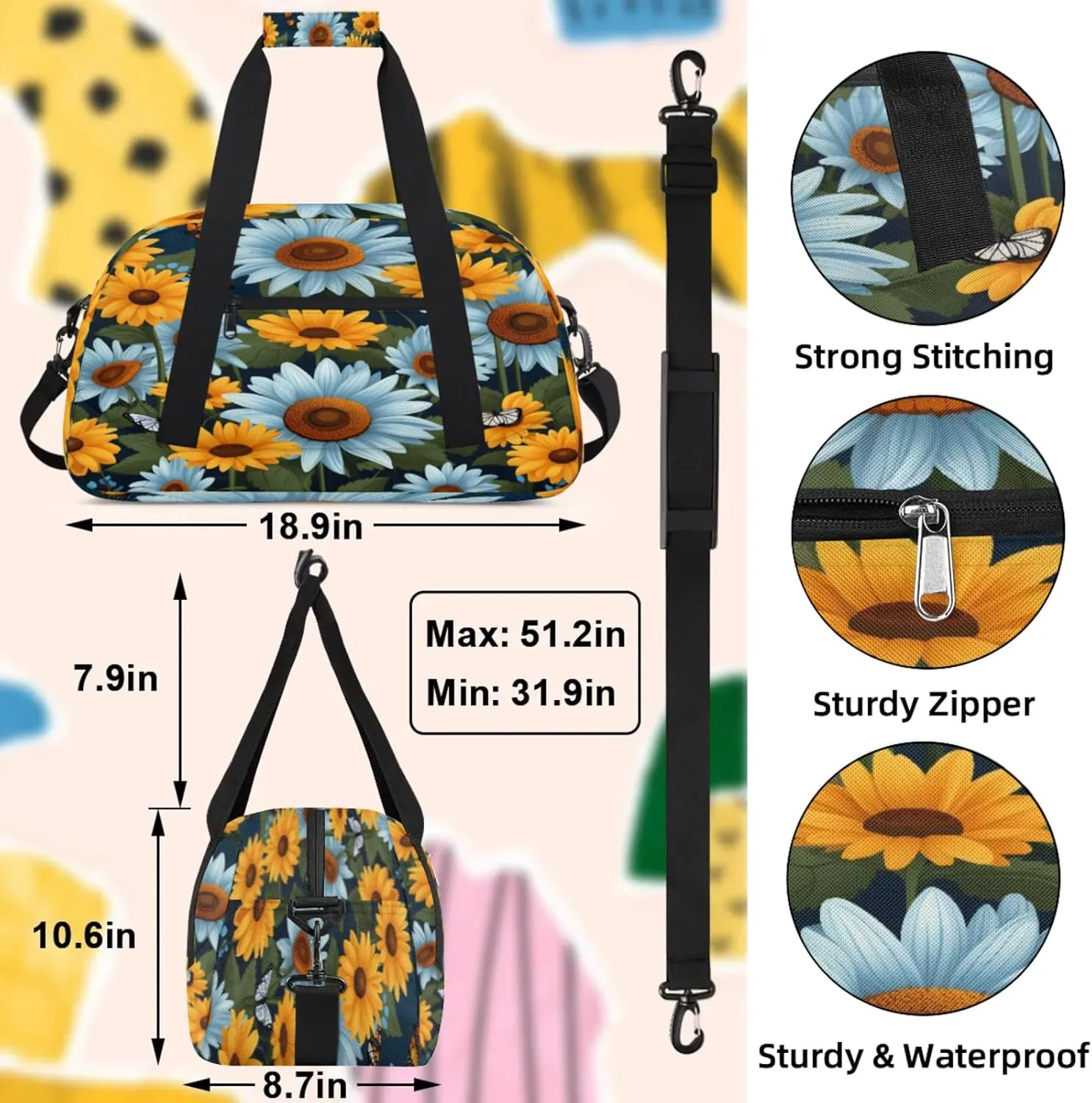 Sunflower Yellow Blue Daisy Small Gym Bag 18 inch Carry On Duffel Bag for Weekender Travel Sports Workout Yoga Gymnastics Dance Ballet