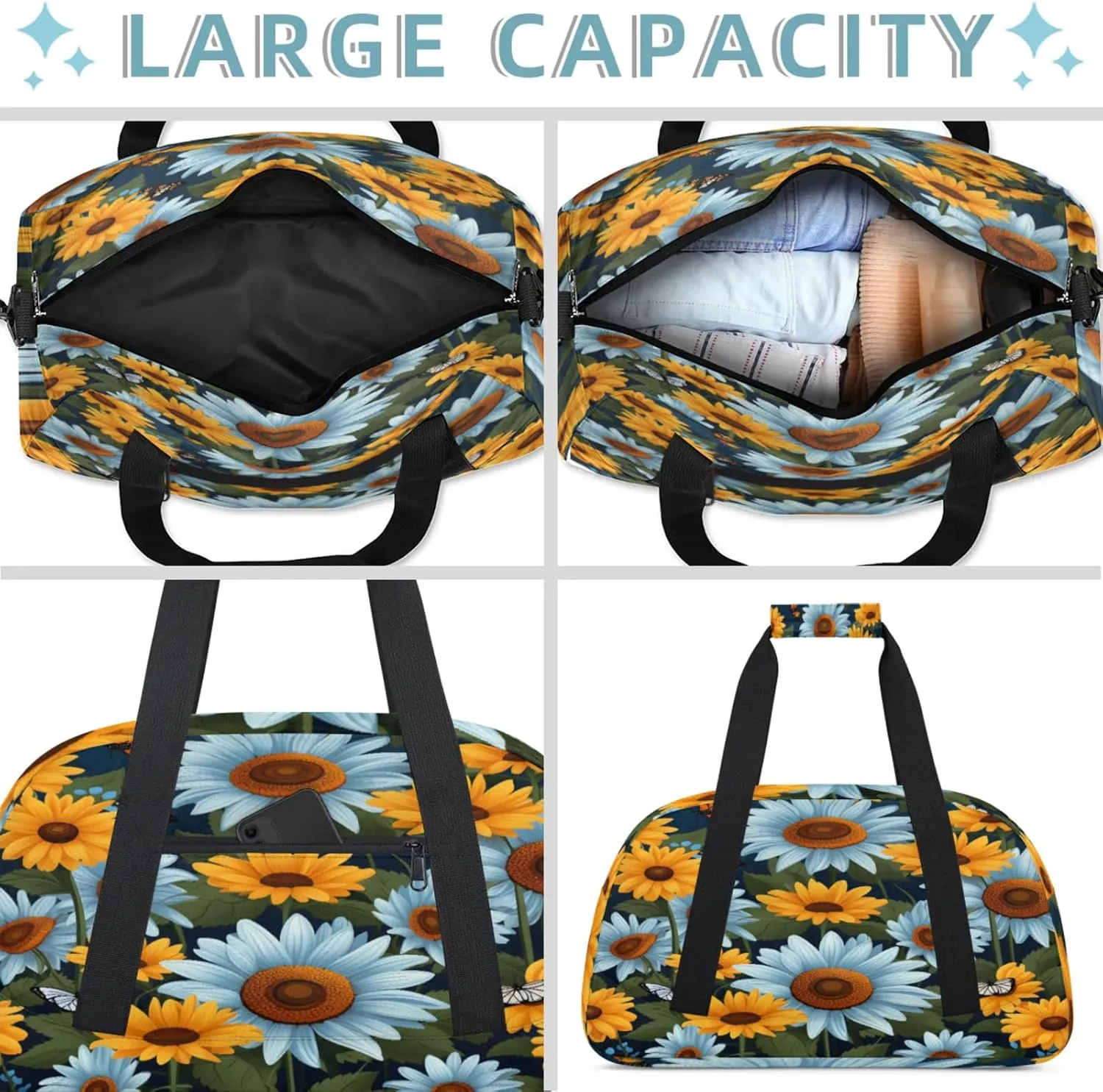 Sunflower Yellow Blue Daisy Small Gym Bag 18 inch Carry On Duffel Bag for Weekender Travel Sports Workout Yoga Gymnastics Dance Ballet