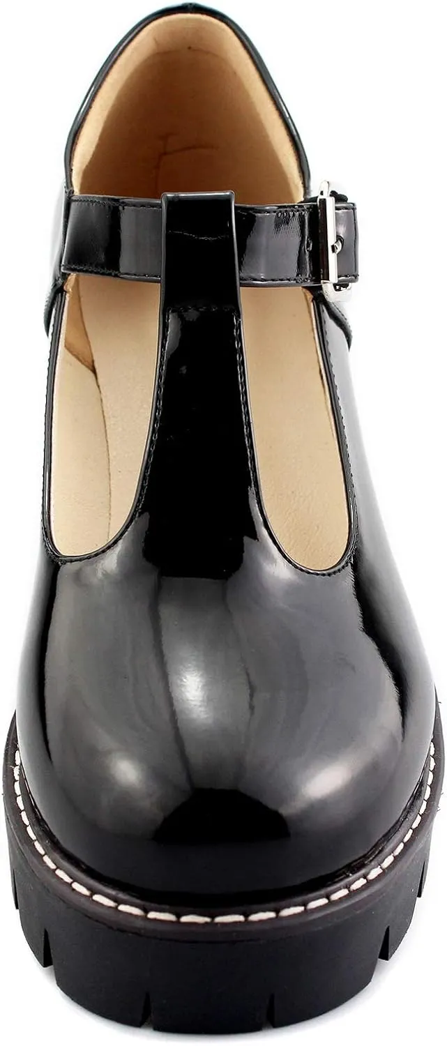 Sungtin for Women T-Strap Mary Jane Shoes School Uniform Platform Pumps Chunky Mid Heel Goth Shoes