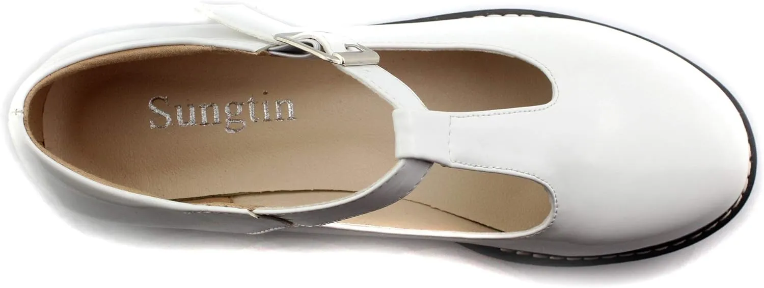 Sungtin for Women T-Strap Mary Jane Shoes School Uniform Platform Pumps Chunky Mid Heel Goth Shoes
