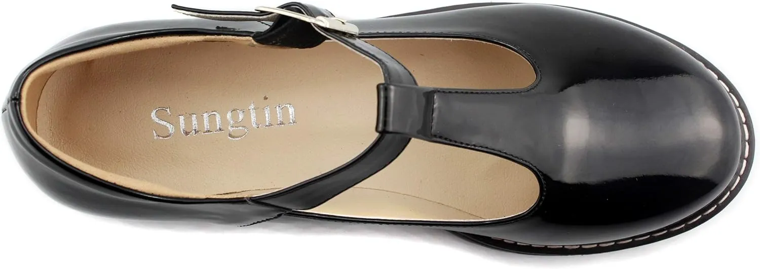 Sungtin for Women T-Strap Mary Jane Shoes School Uniform Platform Pumps Chunky Mid Heel Goth Shoes