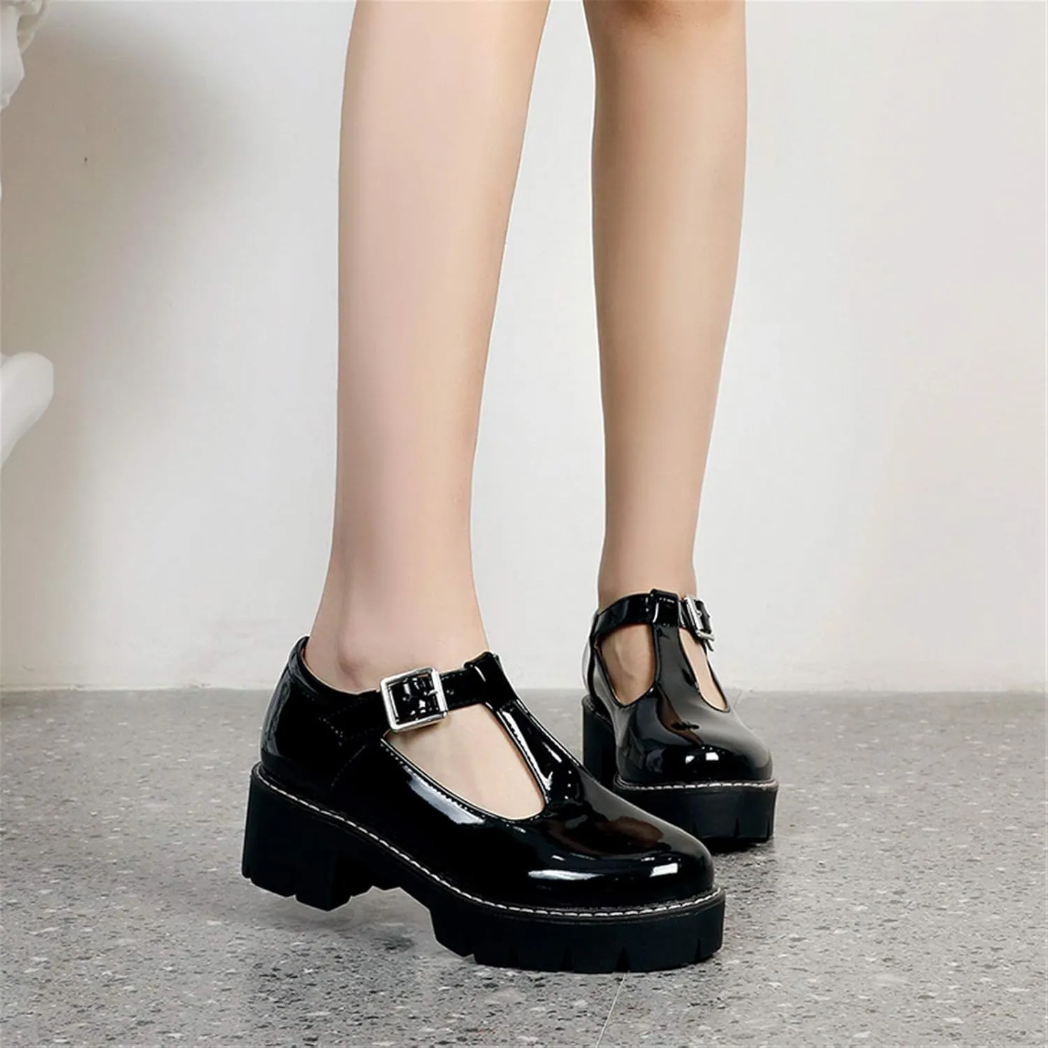 Sungtin for Women T-Strap Mary Jane Shoes School Uniform Platform Pumps Chunky Mid Heel Goth Shoes