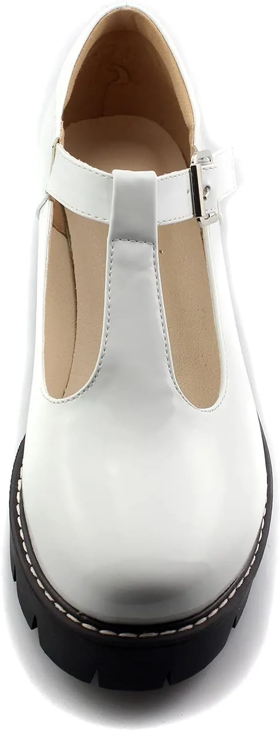 Sungtin for Women T-Strap Mary Jane Shoes School Uniform Platform Pumps Chunky Mid Heel Goth Shoes