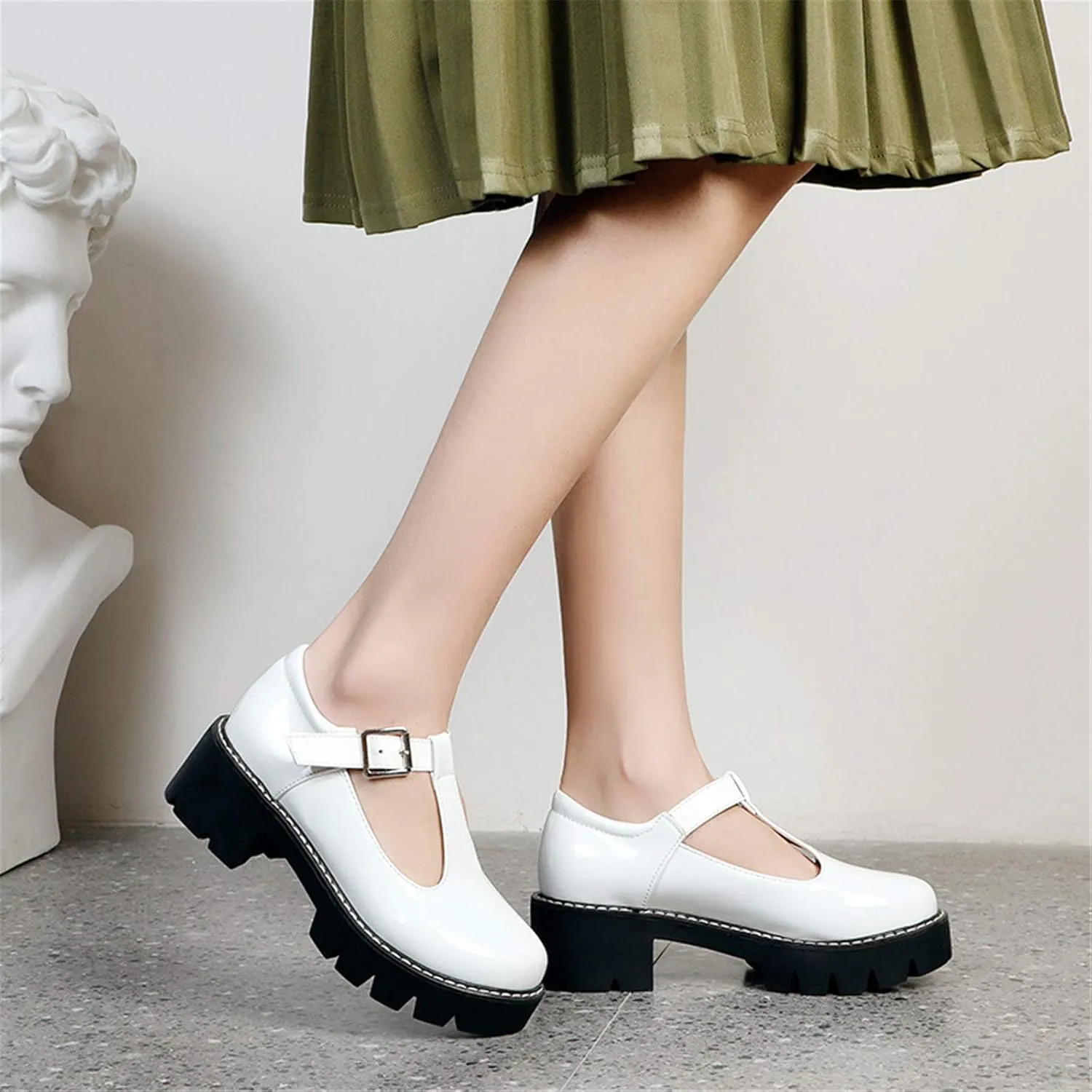 Sungtin for Women T-Strap Mary Jane Shoes School Uniform Platform Pumps Chunky Mid Heel Goth Shoes