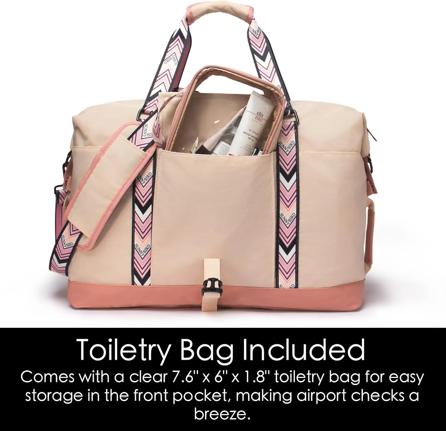 SUNNY BIRD Duffel with Utility Pouch, 40L Weekender Overnight Bag with Shoe Compartment for Travel and Sports (White and pink)