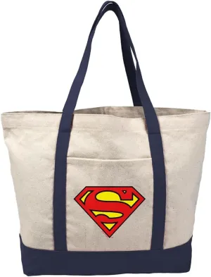 Superman Classic S-Shield Logo Canvas Tote Bag With External Pocket, Reusable Shoulder Bag for Shopping, Beach, Navy
