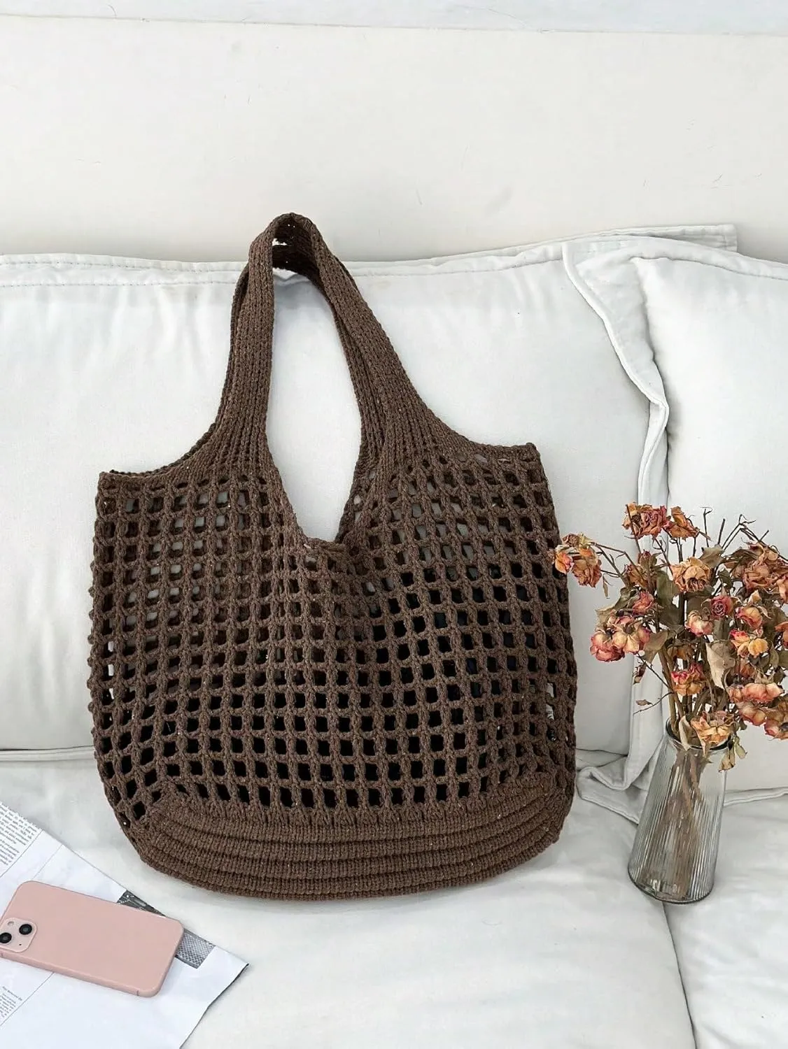 SweatyRocks Women's Crochet Beach Mesh Tote Bags Retro Hobo Knitted Fishnet Handbags