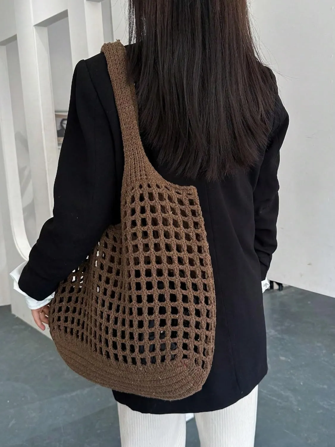 SweatyRocks Women's Crochet Beach Mesh Tote Bags Retro Hobo Knitted Fishnet Handbags