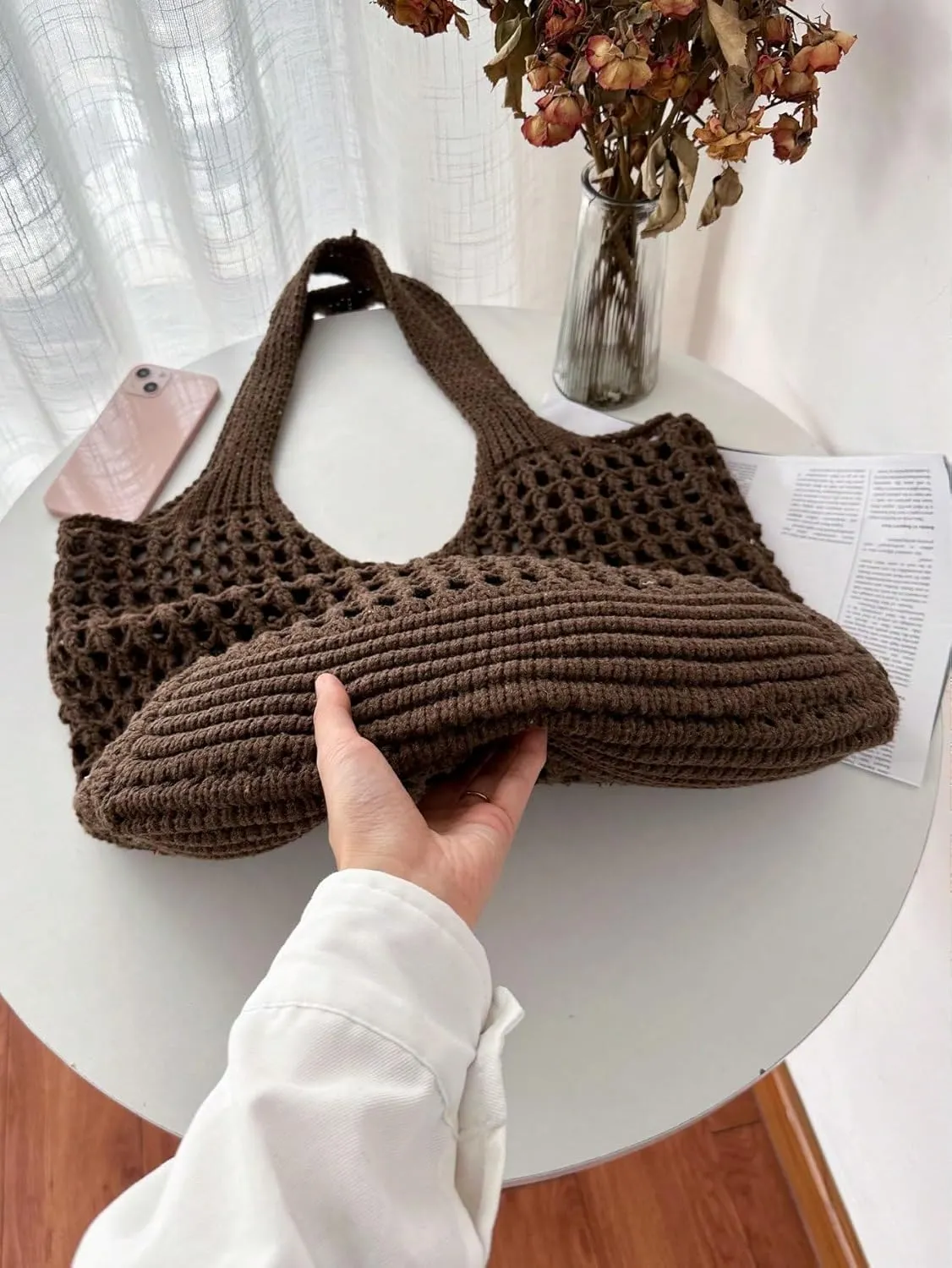 SweatyRocks Women's Crochet Beach Mesh Tote Bags Retro Hobo Knitted Fishnet Handbags