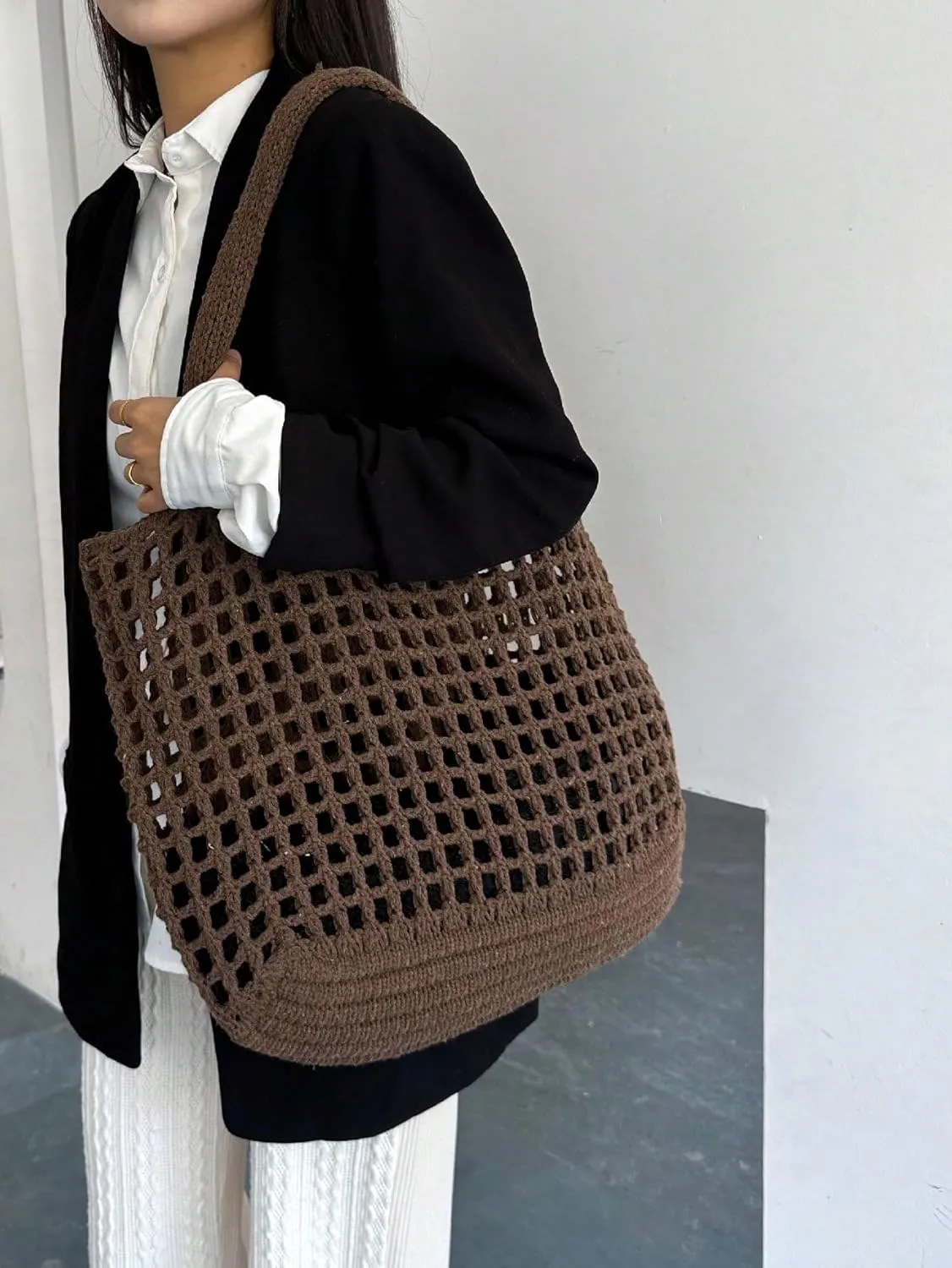SweatyRocks Women's Crochet Beach Mesh Tote Bags Retro Hobo Knitted Fishnet Handbags