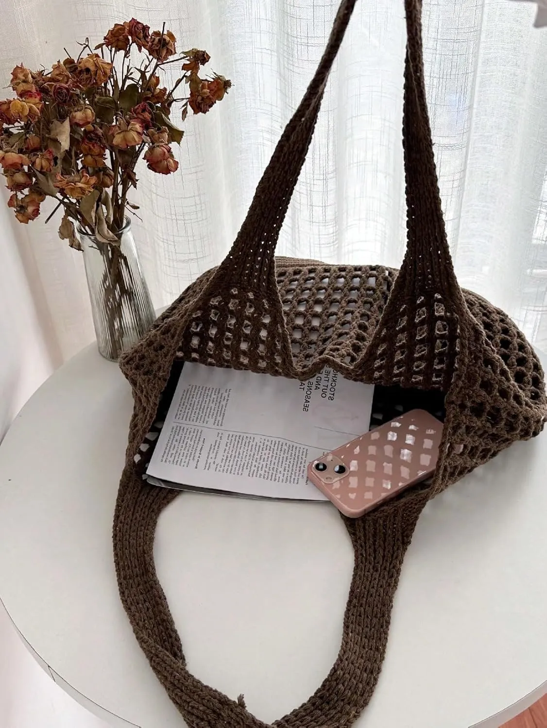 SweatyRocks Women's Crochet Beach Mesh Tote Bags Retro Hobo Knitted Fishnet Handbags
