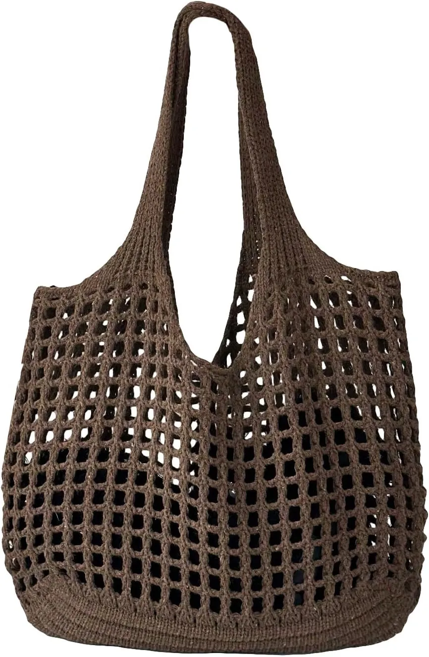 SweatyRocks Women's Crochet Beach Mesh Tote Bags Retro Hobo Knitted Fishnet Handbags
