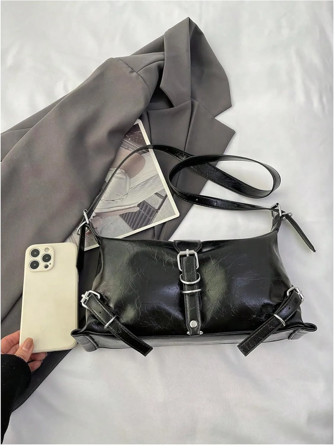 SweatyRocks Women's Leather Shoulder Bag Buckle Top Handle Underarm Bags Shopping Commute Handbag
